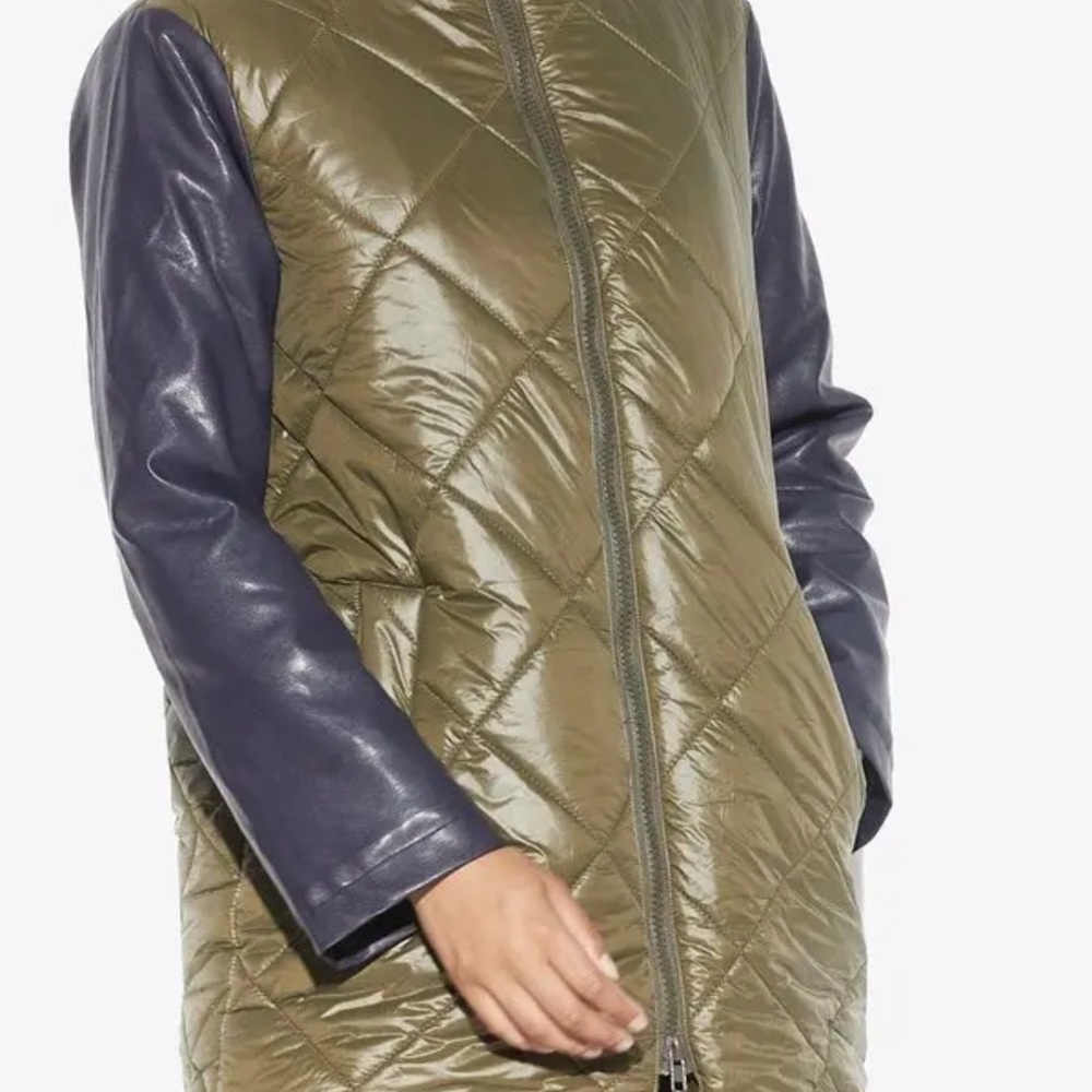 Apparis Women's Quilted Puffer Coat - Olive Green with Navy Faux Leather sleeves